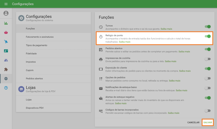 ative o controle deslizante 'Relógio de ponto'