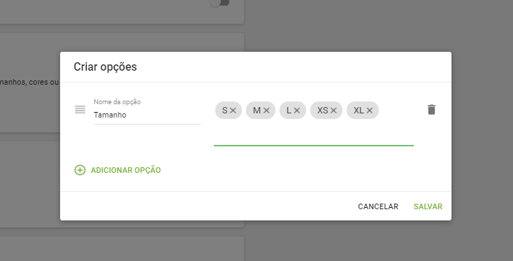 Opções de criação