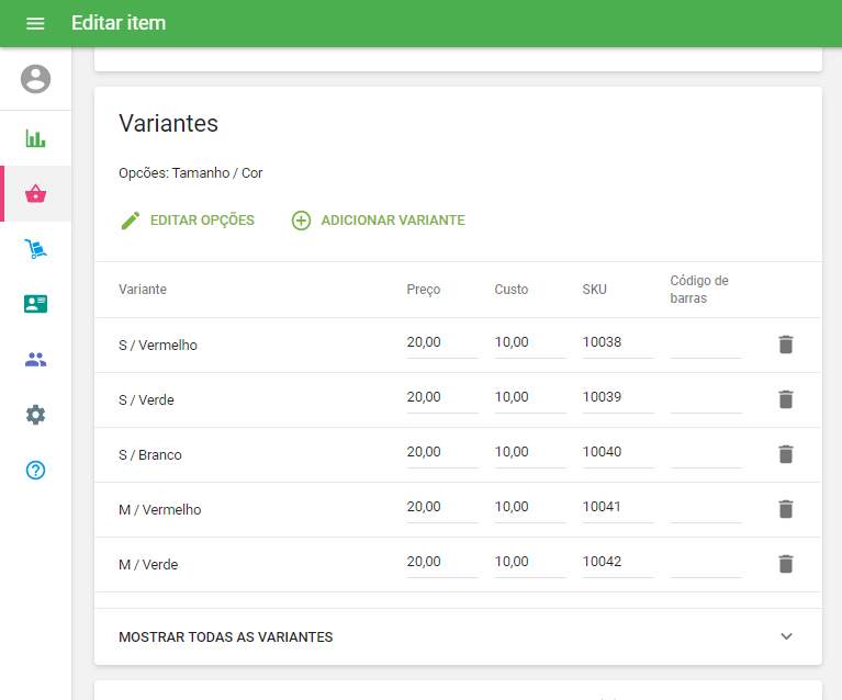 Variantes de itens
