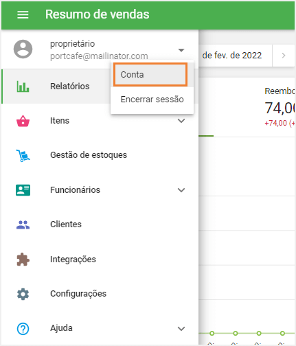 botão ‘Conta’ no menu principal