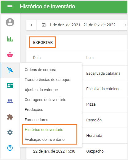 histórico de inventário