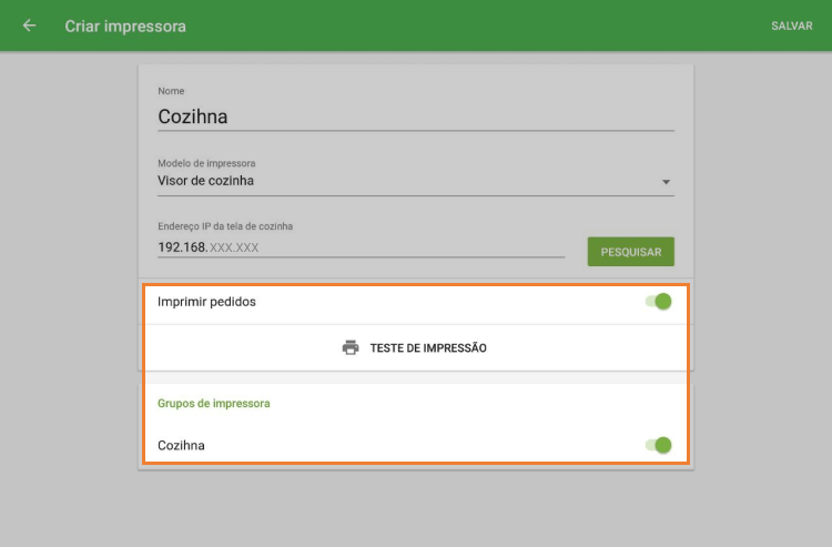 Ligue 'Imprimir pedidos'