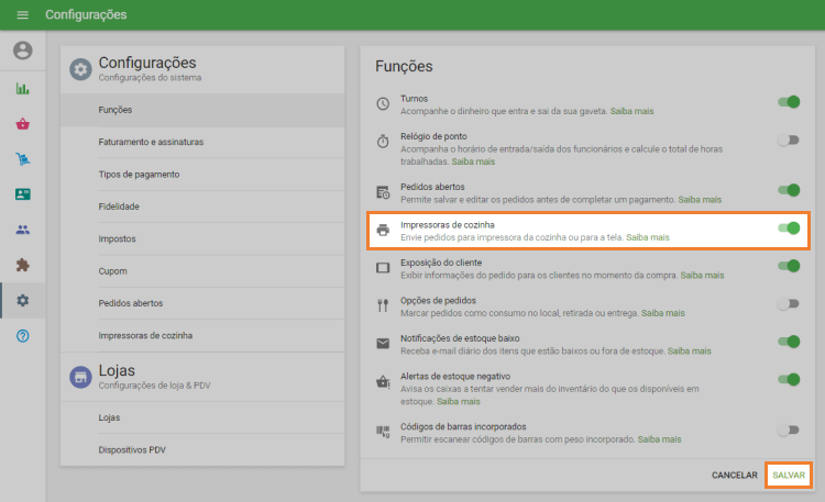 controle 'Impressoras de cozinha'