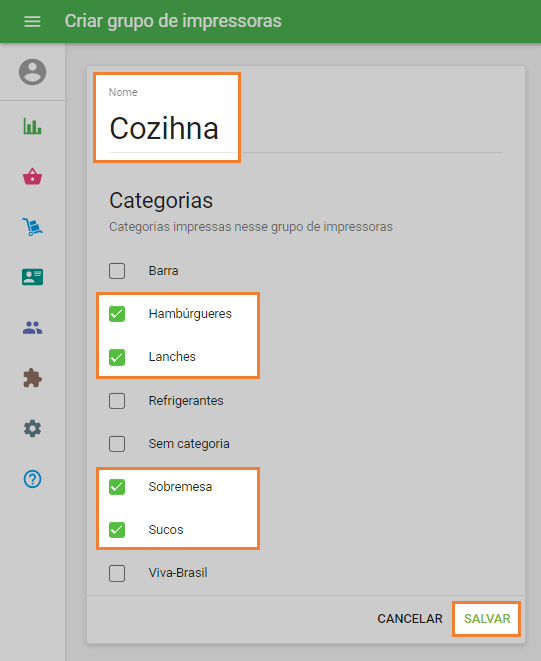 Nome e Categorias de item