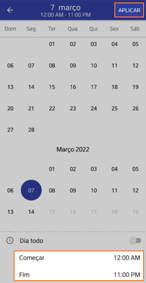 horários de início e término do dia