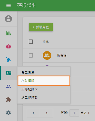 '員工'部分的'存取權限'