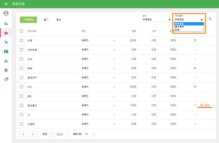篩選器'庫存警報'