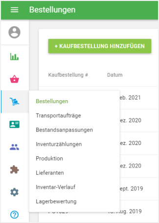 Menü für die 'Inventurverwaltung'