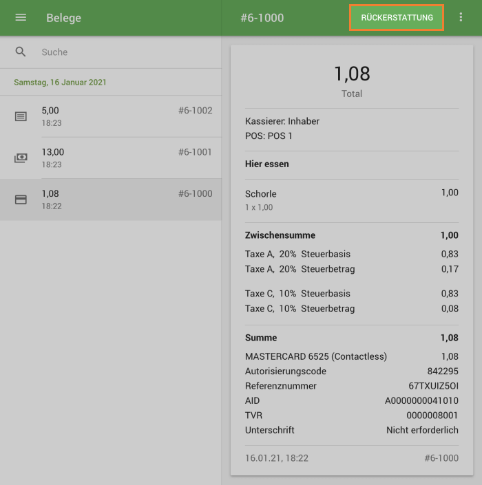 Tippen Sie dann auf 'Rückerstattung'