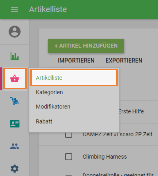 'Artikelliste' Menü