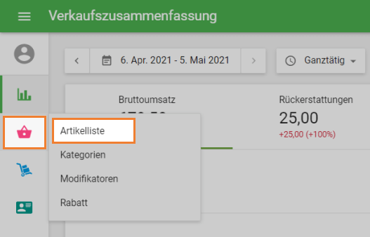 Menü 'Artikelliste'