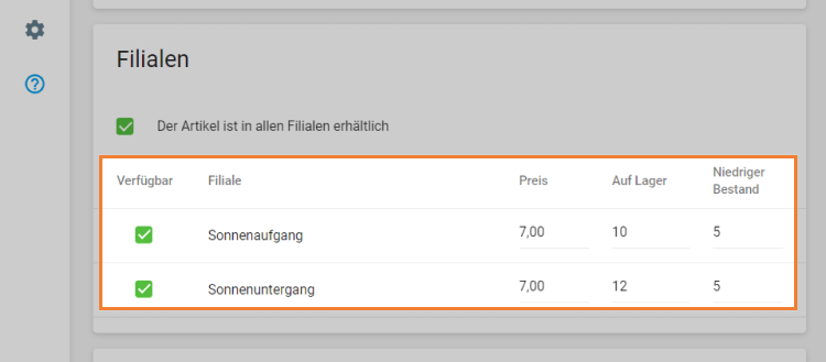 Artikelparameter für jede Filiale