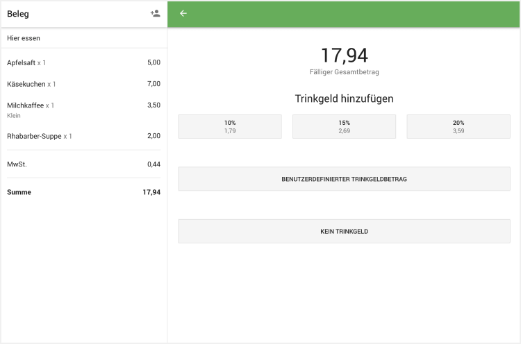 Kartenzahlungsart das Auswahlbild für Trinkgelder