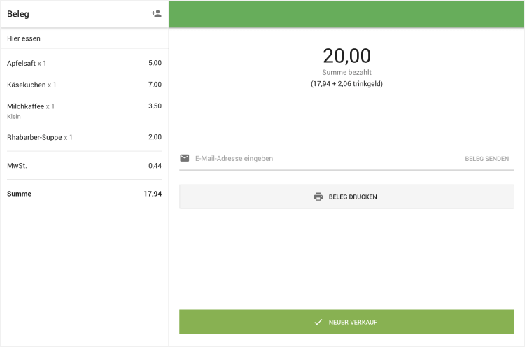 Belegsumme und dem Trinkgeldwert darunter