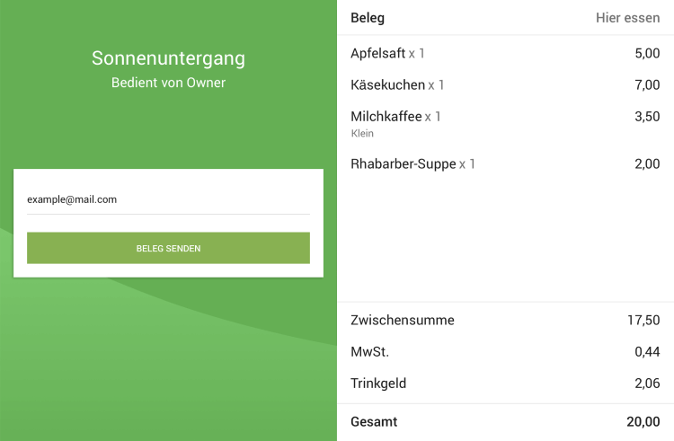 Beleginformationen mit Trinkgeldern angezeigt