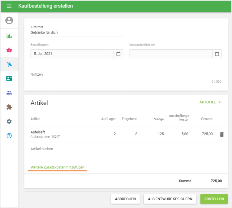 Klicken Sie 'Weitere Zusatzkosten hinzufügen'
