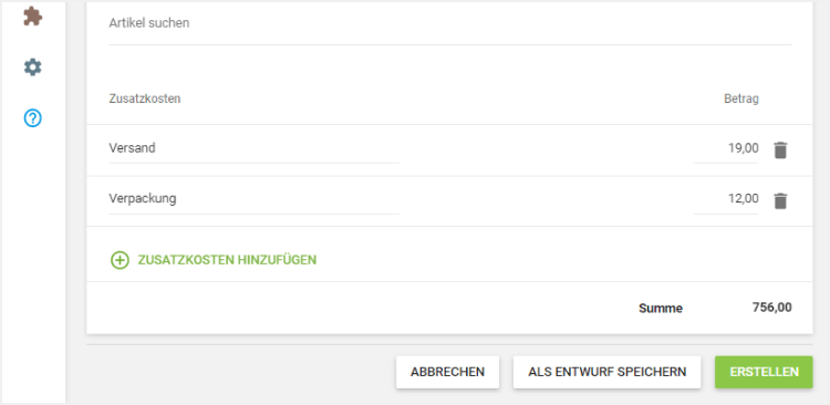 Geben Sie den Namen 'Zusatzkosten' und 'Betrag' ein