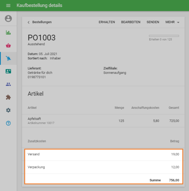 zusätzliche Kosten in den Details Ihrer Bestellung