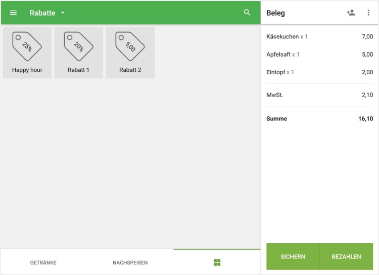 Liste Ihrer zuvor erstellten Rabatte