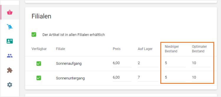 Felder 'Niedriger Bestand' und 'Optimaler Bestand'