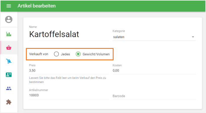 Option 'Verkauft nach Gewicht'
