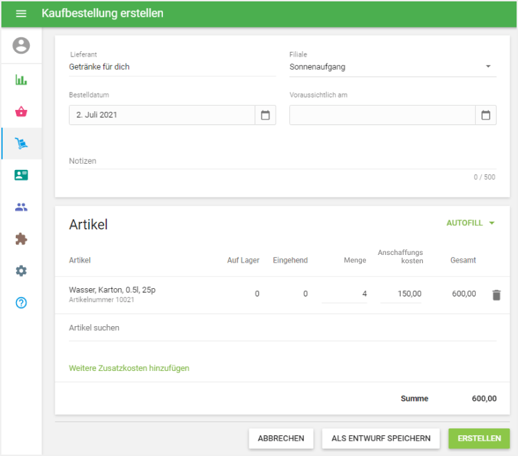 'Menge' und 'Anschaffungskosten'
