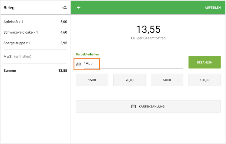 Feld 'Bargeld erhalten'