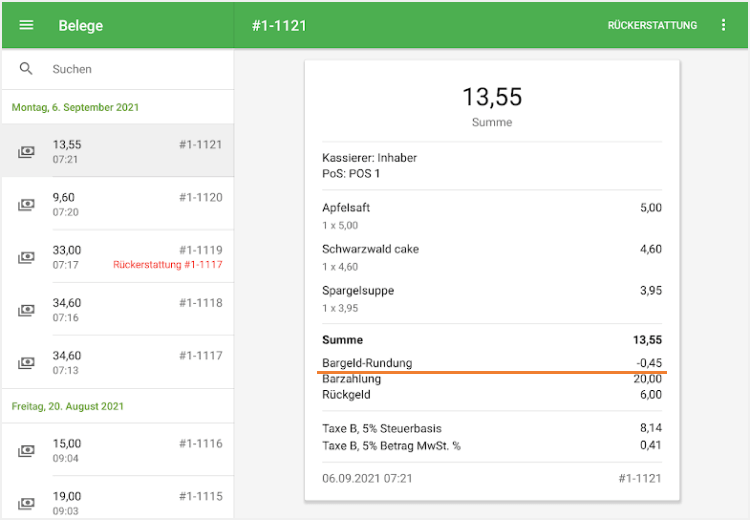 über das Runden in der Beleg