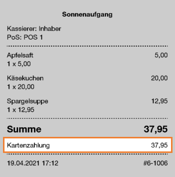 Zahlungsart auf der Quittung