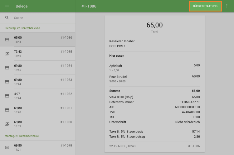 Schaltfläche 'Rückerstattung'