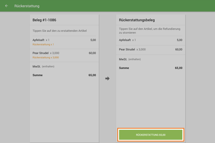 Positionen der Kartenzahlung vom linken Beleg aus