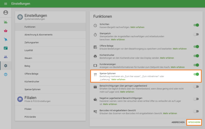 aktivieren Sie den Schieberegler 'Speise-Optionen'