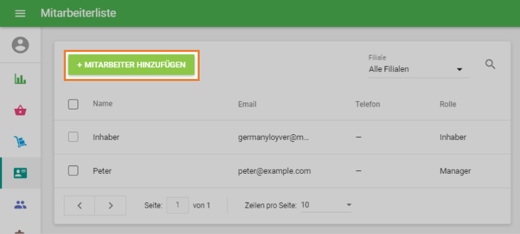 Schaltfläche '+ MITARBEITER HINZUFÜGEN'