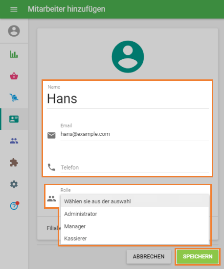 Fenster 'Mitarbeiter hinzufugen'