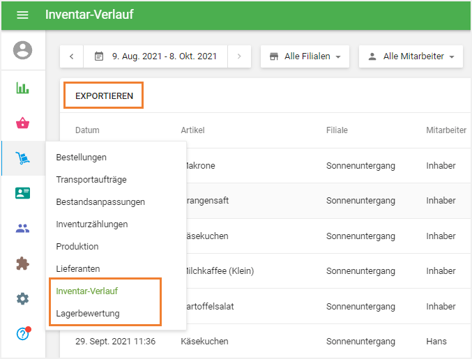 Inventar-Verlauf und Bestandsbewertungsberichte