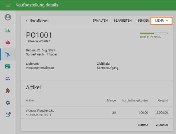 Dropdown-Menü 'Mehr'