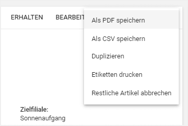 Menü "Mehr" Operationen