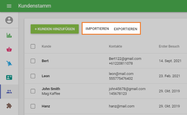 Schaltflächen 'Importieren' und 'Exportieren'