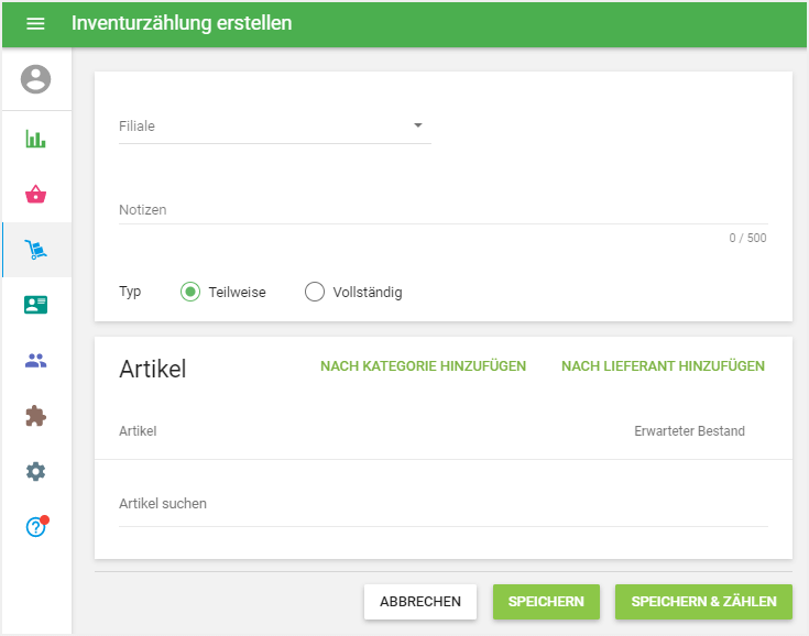 Das Formular 'Inventurzählung erstellen'