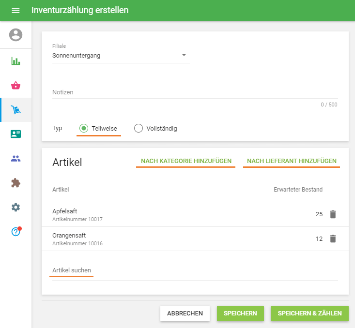 Teilweisen Inventurzählung