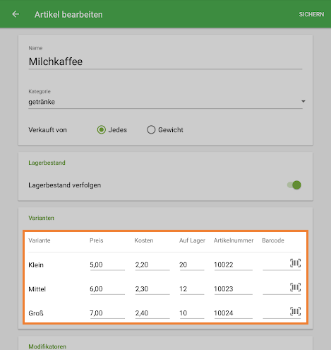 Artikeln mit Varianten