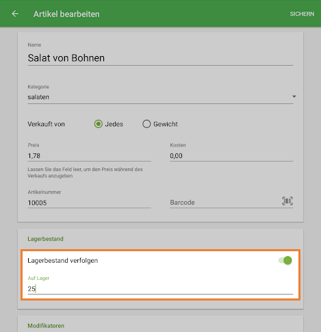 Option 'Lagerbestand verfolgen'