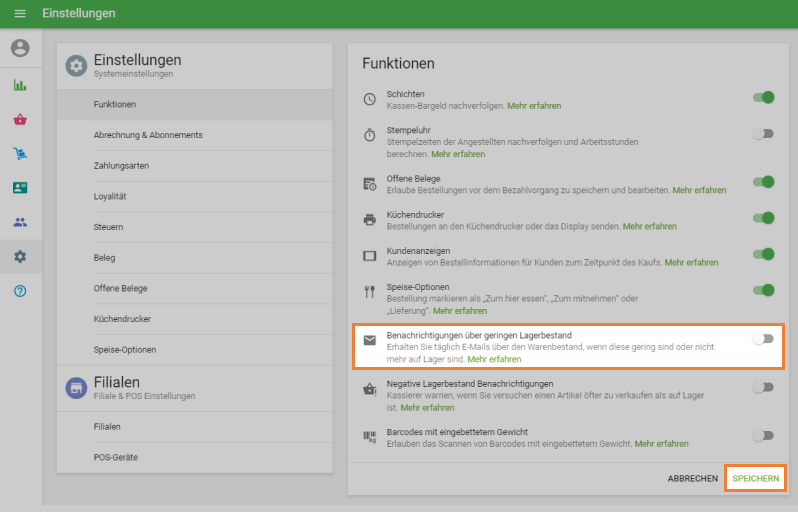 Option 'Benachrichtigungen über geringen Lagerbestand'