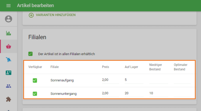 Artikel Parameter für jede Filiale verwalten