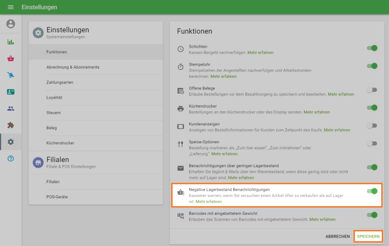 Option 'Negative Lagerbestand Benachrichtigungen'