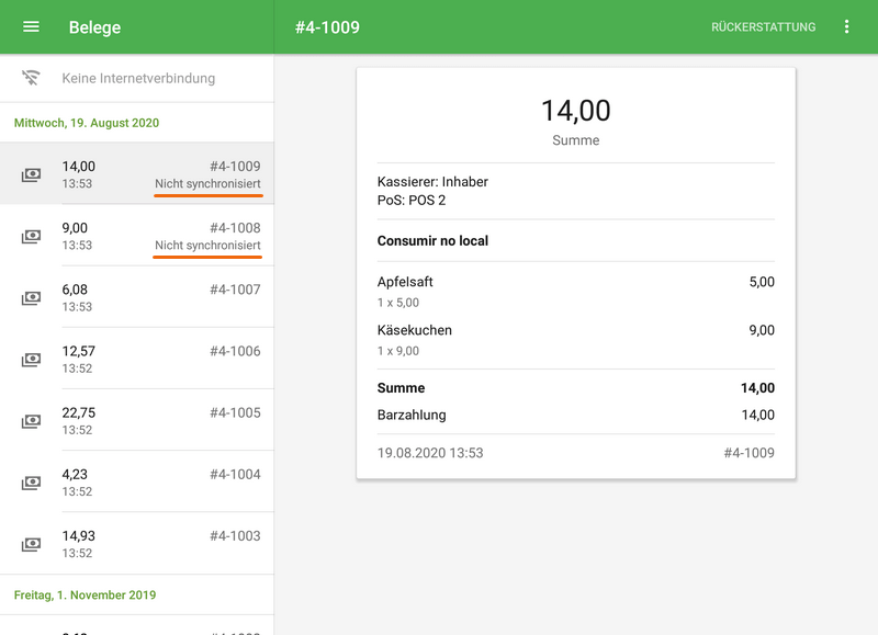 Nicht synchronisierte Belege