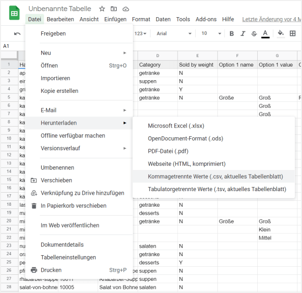 Schaltfläche 'Kommagetrennte Werte'