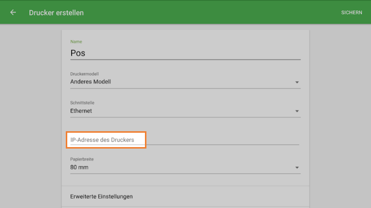 füllen Sie das Feld 'IP-Adresse des Druckers'