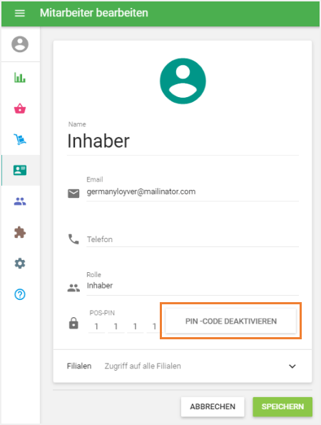 Schaltfläche 'PIN-Code deaktivieren'