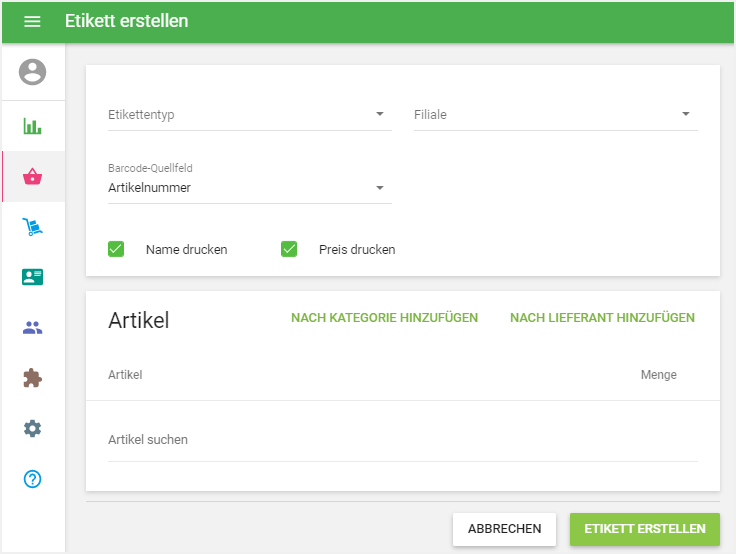 Das Formular 'Etiketten erstellen'